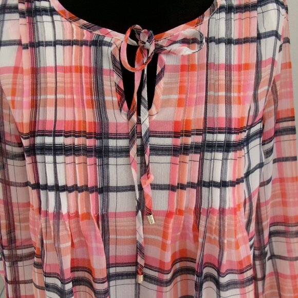 Tommy Hilfiger Plaid Loose Flowy Blouse Semi Sheer Sleeve Orange Pink Black S - Picture 2 of 10